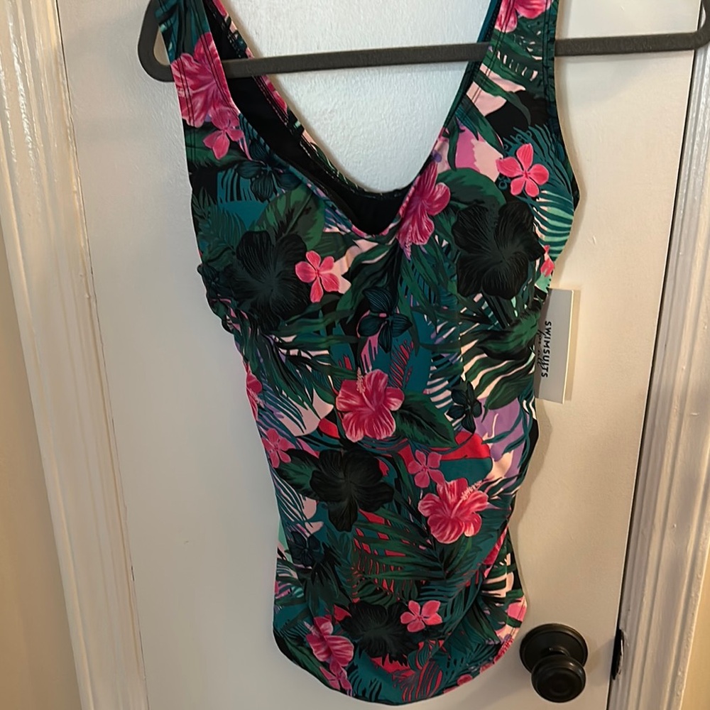 Swimsuits For All Black and Pink Fitted Ruched One Piece- NWT